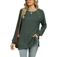 thumbnail image 1 of SWSMCLT Women's Soft Pullover Sweater Long Sleeve Work Boat Neck Tunic Top Button Split Crewneck Knit Fall Fashion Army Green Large, 1 of 5