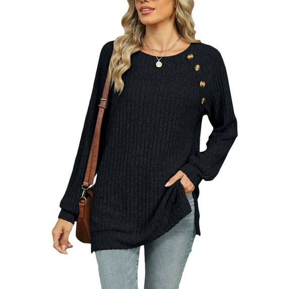 SWSMCLT Women's Soft Pullover Sweater Long Sleeve Work Boat Neck Tunic Top Button Split Crewneck Knit Fall Fashion Black Medium