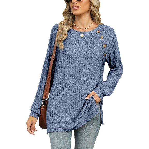 SWSMCLT Women's Soft Pullover Sweater Long Sleeve Work Boat Neck Tunic Top Button Split Crewneck Knit Fall Fashion Blue Large