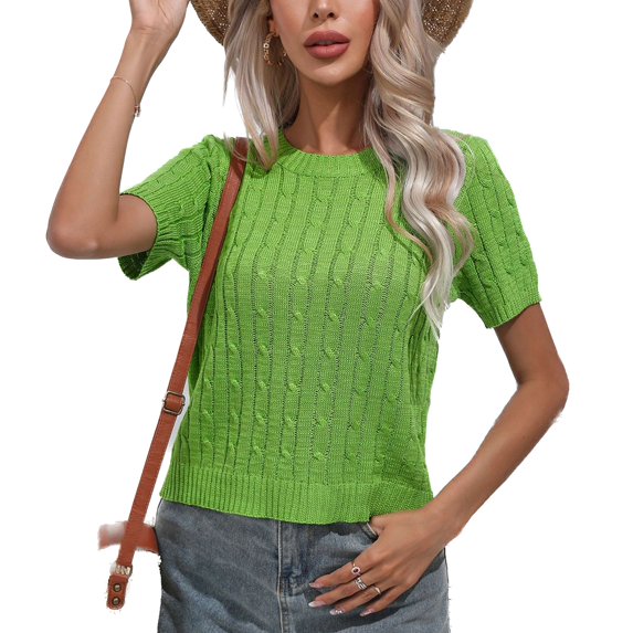 SWSMCLT Women's Soft Pullover Sweater Short Sleeve Casual Elegant Knitwear Top Summer Holiday Crewneck Knitted Cozy Green Large