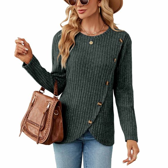 SWSMCLT Women's Soft Pullover Sweaters Long Sleeve Top Knit Tshirt Button Lightweight Dressy Sweater Asymmetric Fall Fashion Army Green X-Large