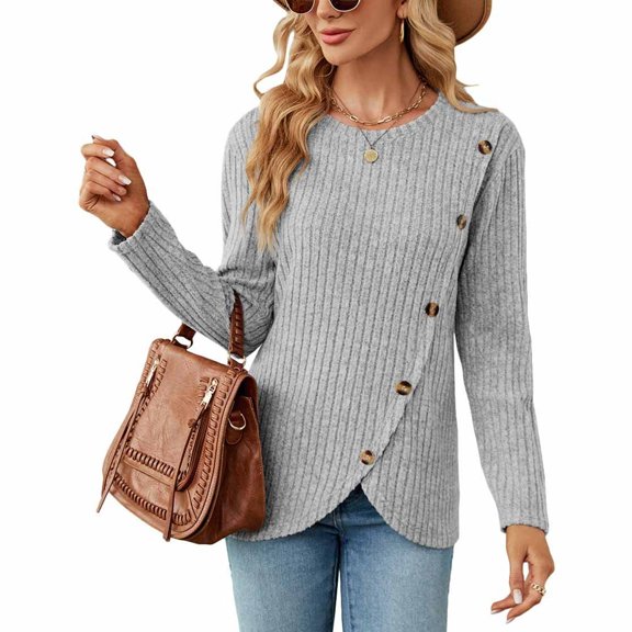 SWSMCLT Women's Soft Pullover Sweaters Long Sleeve Top Knit Tshirt Button Lightweight Dressy Sweater Asymmetric Fall Fashion Light Grey Large
