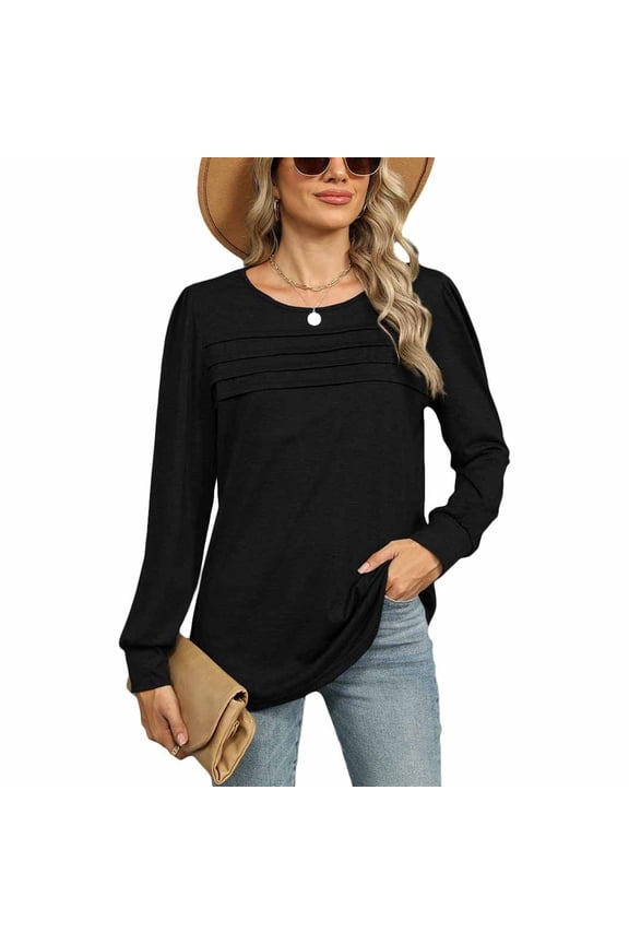 Women's Soft Shirt Fall Top Summer Light Spring Ruched Crew Neck Date Night Long Sleeve Rayon Loose Fit Black Medium