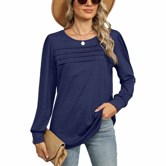 SWSMCLT Women's Soft Shirt Fall Top Summer Light Spring Ruched Crew Neck Date Night Long Sleeve Rayon Loose Fit Navy Medium