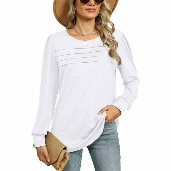SWSMCLT Women's Soft Shirt Fall Top Summer Light Spring Ruched Crew Neck Date Night Long Sleeve Rayon Loose Fit White Large