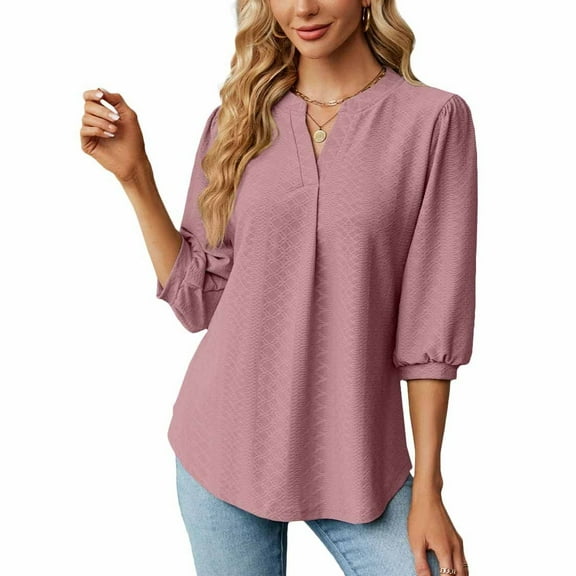 SWSMCLT Women's Soft Shirt Slim Fit Lantern Sleeve Fall Winter T Shirt 3/4 Sleeve V Neck Lightweight Spring Top Dark Pink XX-Large