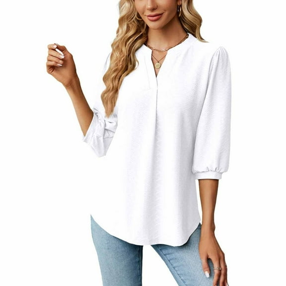 SWSMCLT Women's Soft Shirt Slim Fit Lantern Sleeve Fall Winter T Shirt 3/4 Sleeve V Neck Lightweight Spring Top White Large