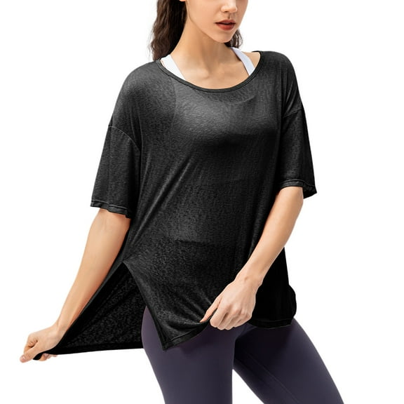 SWSMCLT Women's Soft Shirt T Shirt Workout Short Sleeve Side Split See Through Summer High Low Tshirt Running Fashion Black 6