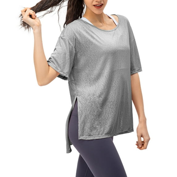 SWSMCLT Women's Soft Shirt T Shirt Workout Short Sleeve Side Split See Through Summer High Low Tshirt Running Fashion Grey 2