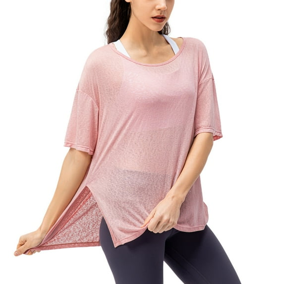 SWSMCLT Women's Soft Shirt T Shirt Workout Short Sleeve Side Split See Through Summer High Low Tshirt Running Fashion Pink 4