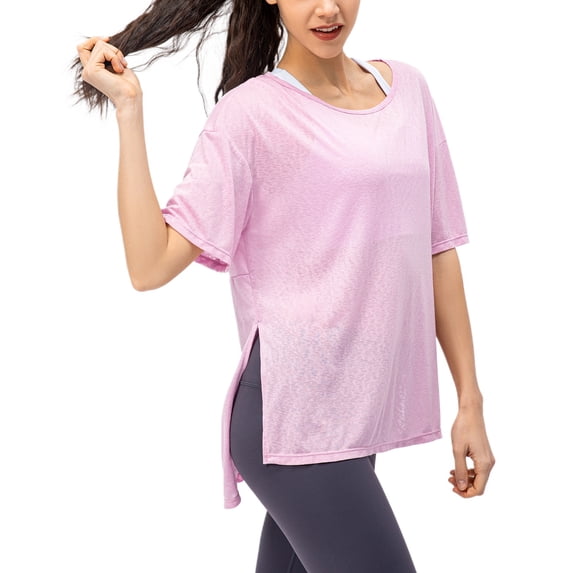 SWSMCLT Women's Soft Shirt T Shirt Workout Short Sleeve Side Split See Through Summer High Low Tshirt Running Fashion Purple 10
