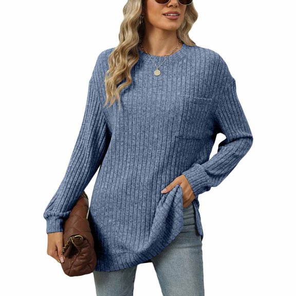 SWSMCLT Women's Soft Sweater Long Sleeve Casual Warm Tunic Top Knit Crewneck Fashion Spring Spandex Tunics Blue XX-Large