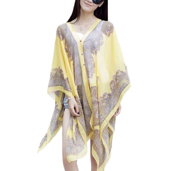 SWSMCLT Women's Soft Swimsuit Sheer Cover Up Bathing Suit V Neck Fall Chiffon Beach Uv Protection Spring Scarf Summer Yellow One Size