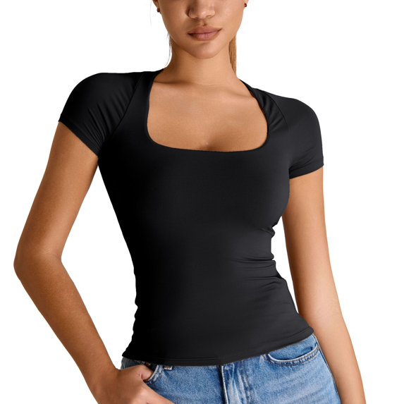 SWSMCLT Women's Soft T Shirt Fitted Top Basic Scoop Neck Lightweight T-shirt Yoga Summer Cool Workout Thin Spandex Black Small