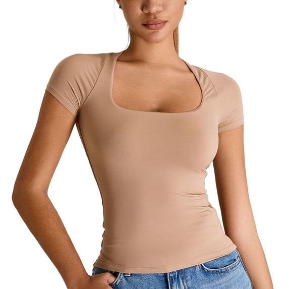 SWSMCLT Women's Soft T Shirt Fitted Top Basic Scoop Neck Lightweight T-shirt Yoga Summer Cool Workout Thin Spandex Light Coffee Small