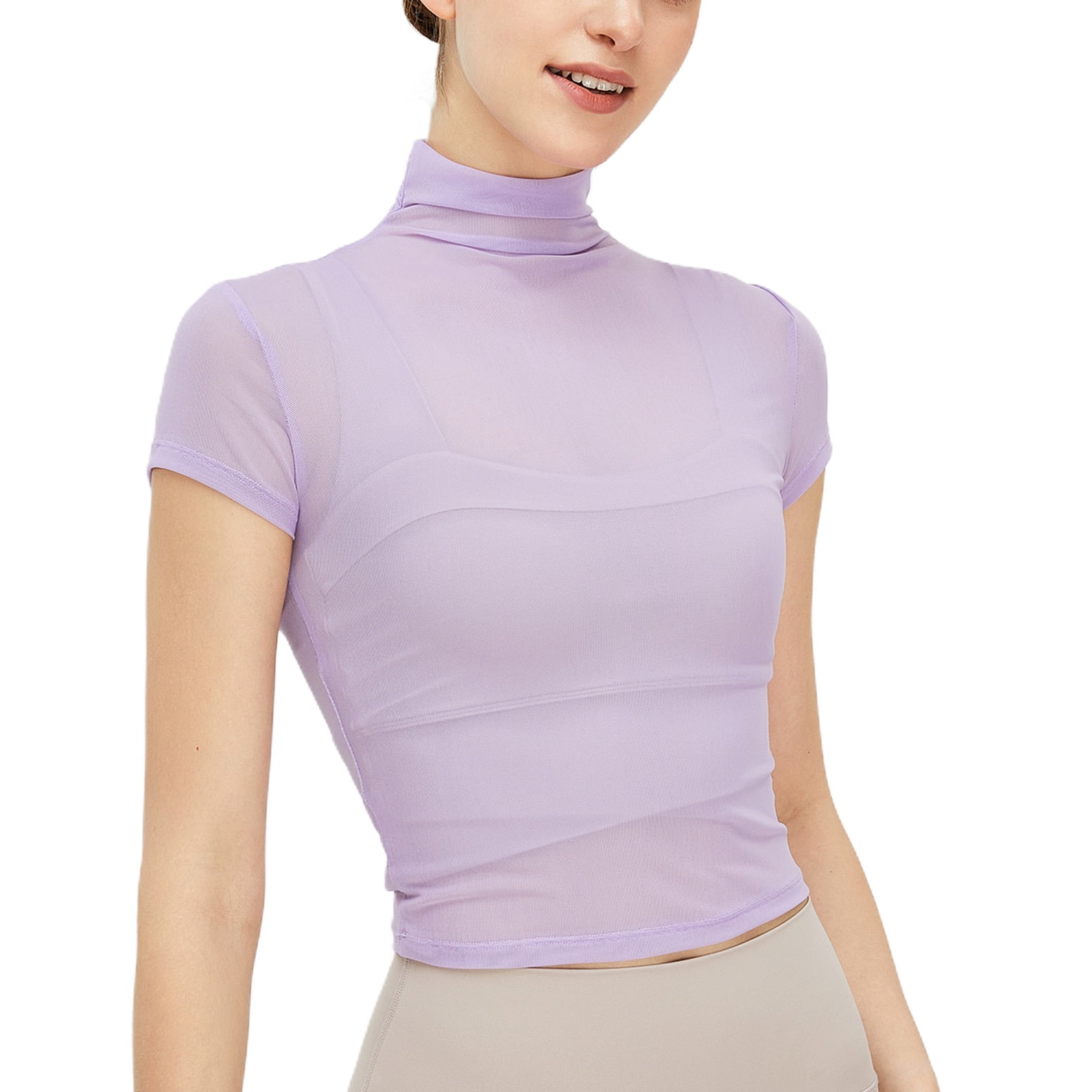 SWSMCLT Women's Soft Top Crop Tshirt Slim Fit Fashion Sheer Mock