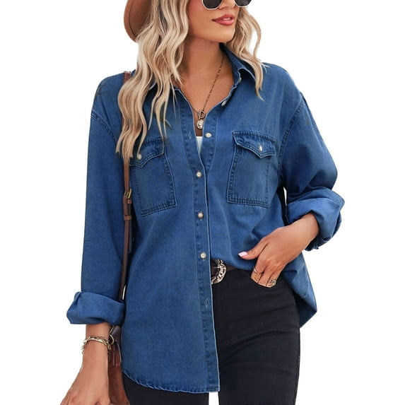 SWSMCLT Women's Soft Top Denim Button Down Shirt Boyfriend Summer Coats Western Split Button Up Fall Ruched Dark Blue Small