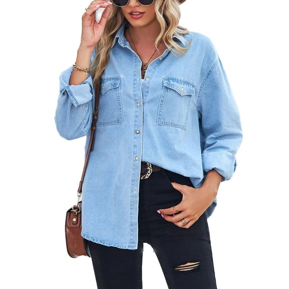 SWSMCLT Women's Soft Top Denim Button Down Shirt Boyfriend Summer Coats Western Split Button Up Fall Ruched Light Blue Large