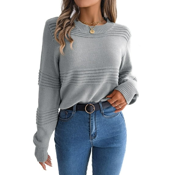 SWSMCLT Women's Soft Top Knitted Pullover Sweater Pull On Thick Knitwear Crewneck Winter Fashion Warm Casual Holiday Grey Medium