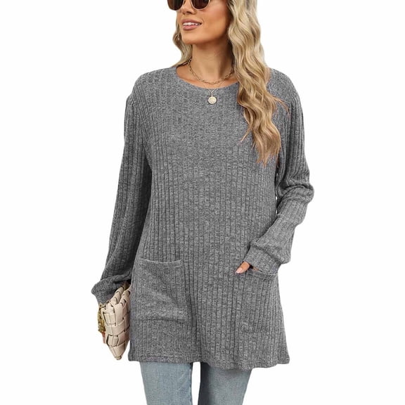 SWSMCLT Women's Soft Top Long Sleeve Sweater Warm Holiday Knit Winter Fall Fashion Tunic Top Spandex Crewneck Grey XX-Large