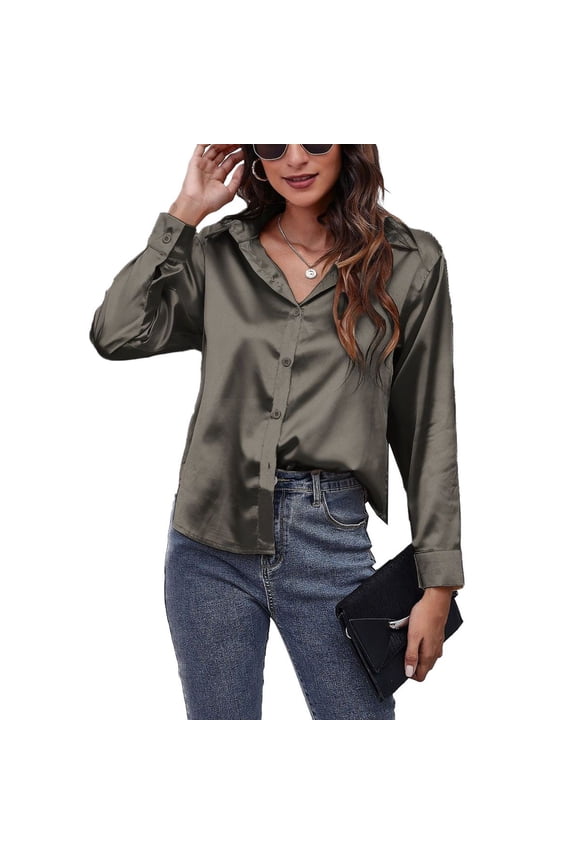 Women's Soft Top Oversized Button Up Shirt Summer Button Down Shirt Long Sleeve Satin Loose Button Dark Grey Large