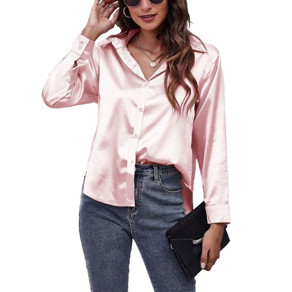 SWSMCLT Women's Soft Top Oversized Button Up Shirt Summer Button Down Shirt Long Sleeve Satin Loose Button Pink XX-Large