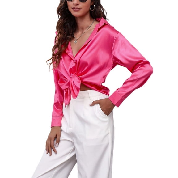 SWSMCLT Women's Soft Top Oversized Button Up Shirt Summer Button Down Shirt Long Sleeve Satin Loose Button Rose X-Large