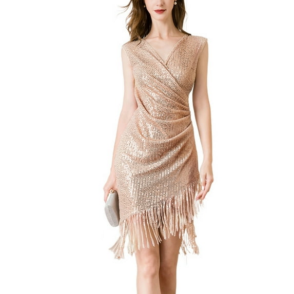 SWSMCLT Women's Sparkly Bodycon DressV Neck Wrap Sleeveless Shiny Ruched Mini Disco Vintage Formal Dance Cocktail Party with Fringe Tassel Midi Short Bandage Sequin Dress Apricot Beige Champagne 4-6