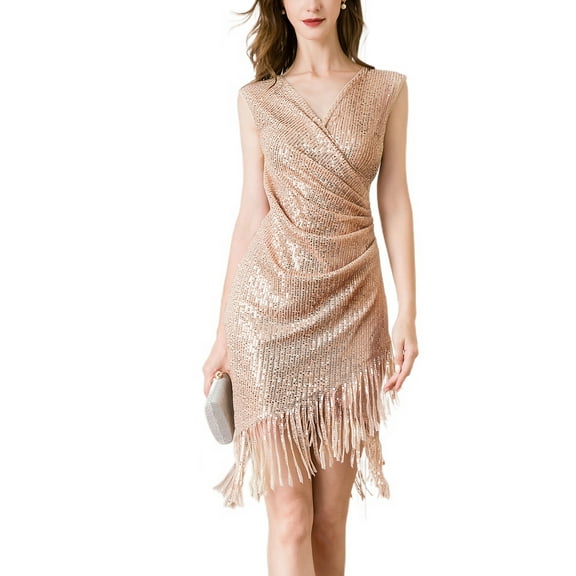 SWSMCLT Women's Sparkly Bodycon DressV Neck Wrap Sleeveless Shiny Ruched Mini Disco Vintage Formal Dance Cocktail Party with Fringe Tassel Midi Short Bandage Sequin Dress Apricot Beige Champagne 12