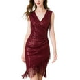 thumbnail image 1 of SWSMCLT Women's Sparkly Bodycon DressV Neck Wrap Sleeveless Shiny Ruched Mini Disco Vintage Formal Dance Cocktail Party with Fringe Tassel Midi Short Bandage Sequin Dress Red Burgundy 4-6, 1 of 5