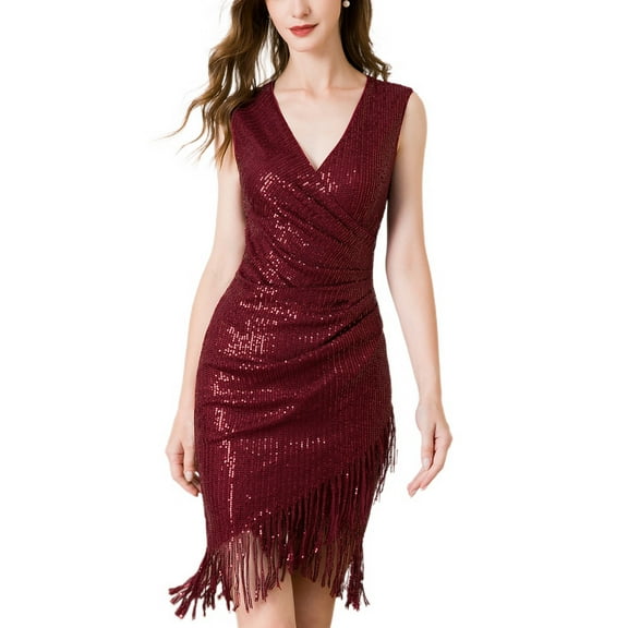 SWSMCLT Women's Sparkly Bodycon DressV Neck Wrap Sleeveless Shiny Ruched Mini Disco Vintage Formal Dance Cocktail Party with Fringe Tassel Midi Short Bandage Sequin Dress Red Burgundy 14