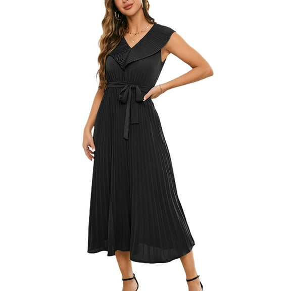 SWSMCLT Women's Spring Dresses Cocktail Dress V Neck Swing Dress Long Dinner Ruffle Fall Belted Ruched Fitted Black Large