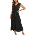 thumbnail image 1 of SWSMCLT Women's Spring Dresses Cocktail Dress V Neck Swing Dress Long Dinner Ruffle Fall Belted Ruched Fitted Black X-Large, 1 of 4