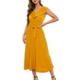 thumbnail image 1 of SWSMCLT Women's Spring Dresses Cocktail Dress V Neck Swing Dress Long Dinner Ruffle Fall Belted Ruched Fitted Yellow Small, 1 of 4