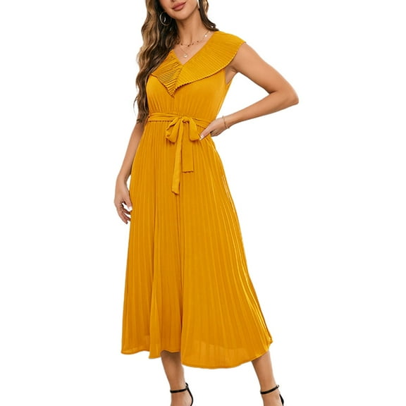 SWSMCLT Women's Spring Dresses Cocktail Dress V Neck Swing Dress Long Dinner Ruffle Fall Belted Ruched Fitted Yellow X-Large