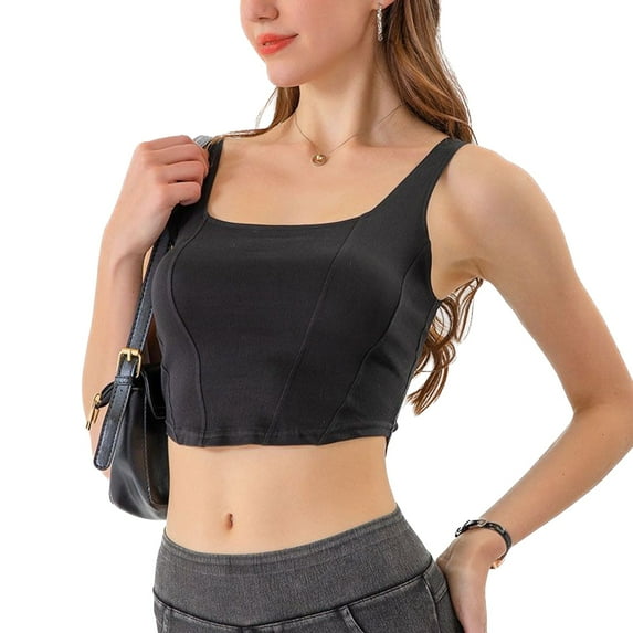 SWSMCLT Women's Square Neck Sleeveless Corset Denim Lightweight Fitted Summer Top Asymmetrical Hem Crop Tank Top Jean Cropped Vest Soft Yoga Black Small