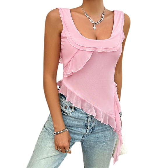 SWSMCLT Women's Square Neck Tank Tops Ruffle Lightweight Thin Tank Top Vest Asymmetrical Fitted Slimming Chiffon Pink Large