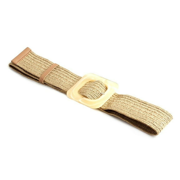 SWSMCLT Women's Stretch Braided Belt Fashion Rattan Belt for Boho Dress Summer Beach Flexible Holeless Square Buckle Chunky Thick Straw Khaki Small-Large