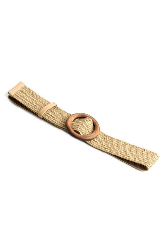 Women's Stretch Braided Belt Straw Rattan Chunky Belt Round Buckle Flexible Holeless Summer Beach Elastic Raffia Fashion Thick Khaki Small-Large