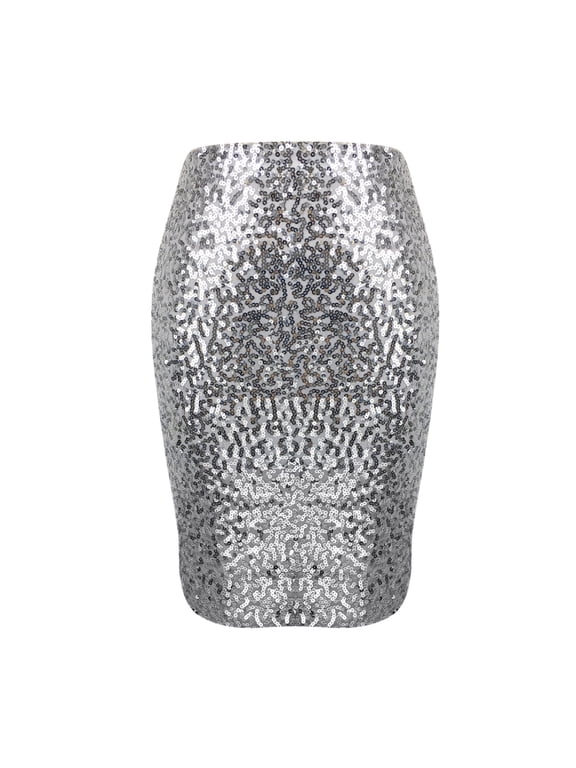 Women's Stretch Elastic Calf Glitter Sparkly Shimmer Knee Length Midi Sequin Skirt Rave Outfit High Waist Retro Disco Dance Club Night Out Gala Bodycon Pencil Skirts Silver X-Large