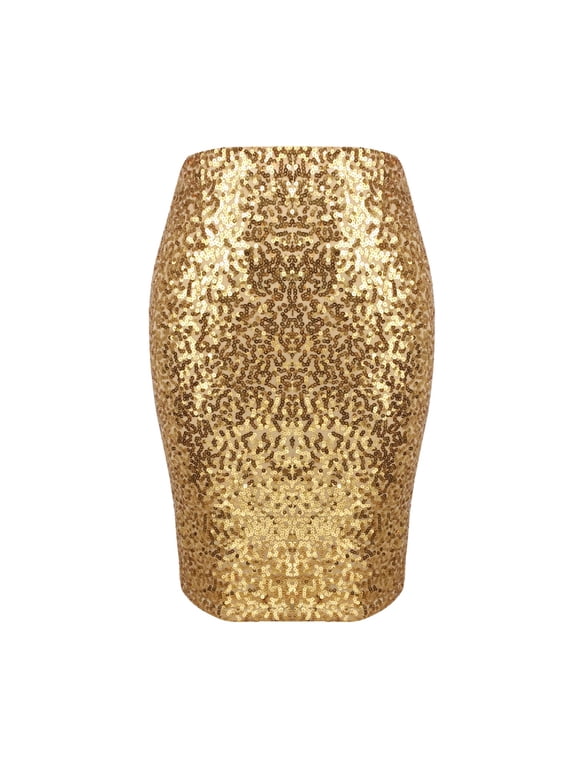 Women's Stretch Elastic Calf Glitter Sparkly Shimmer Knee Length Midi Sequin Skirt Rave Outfit High Waist Retro Disco Dance Club Night Out Gala Bodycon Pencil Skirts Gold X-Large