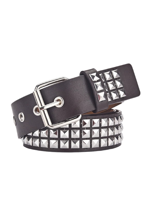 Women's Studded Belt Biker Goth Punk Stud Pyramid Grommet Checkered Rock Rivet Faux Leather Adjustable Y2k Cool Casual Spiked Belts for Halloween Cosplay Coffee XS-Large