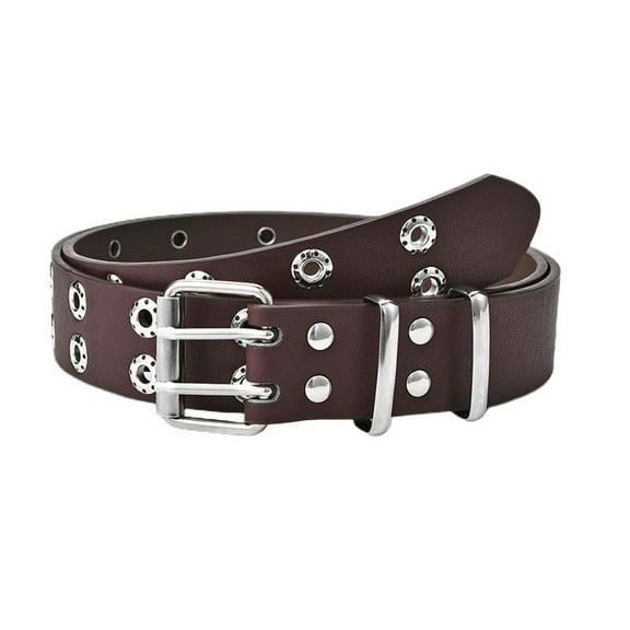 SWSMCLT Women's Studded Belts Faux Leather Belt Double Gromment Belt Casual Fashion Riding Medium Metal Buckle Coffee Small-X-Large
