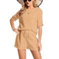 thumbnail image 1 of SWSMCLT Women's Summer 2 Piece Casual Shorts Set Drawstring Mid Date Night Suits Fall Lounge Soft Short Sleeve Outfits Khaki Small, 1 of 1