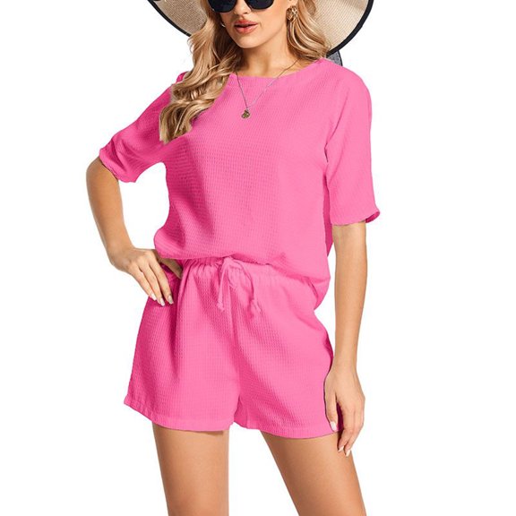 SWSMCLT Women's Summer 2 Piece Casual Shorts Set Drawstring Mid Date Night Suits Fall Lounge Soft Short Sleeve Outfits Rose X-Large