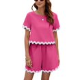thumbnail image 1 of SWSMCLT Women's Summer 2 Piece Casual Suits Cute Scallop 2 Piece Outfit Short Sleeve Short Home Slash Pocket Red Large, 1 of 1