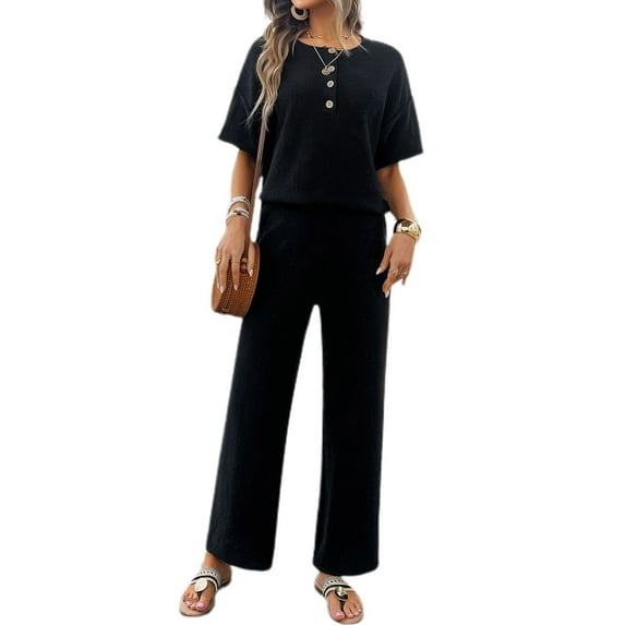 SWSMCLT Women's Summer 2 Piece Outfit 2 Piece Knit Spring Fall Lounge Set Short Sleeve Sweater Wide Leg Pant Suits Casual Cozy Black Small