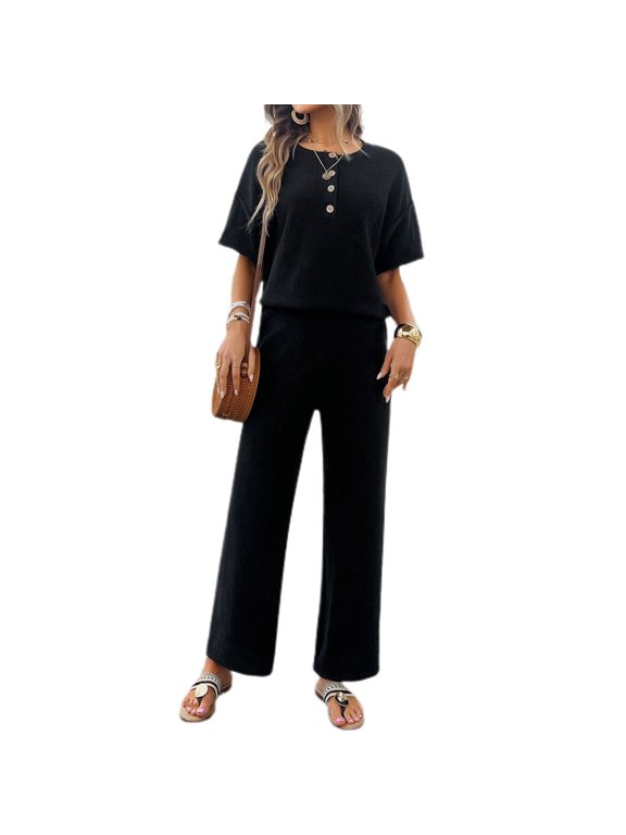 Women's Summer 2 Piece Outfit 2 Piece Knit Spring Fall Lounge Set Short Sleeve Sweater Wide Leg Pant Suits Casual Cozy Black Small