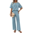 thumbnail image 1 of SWSMCLT Women's Summer 2 Piece Outfit 2 Piece Knit Spring Fall Lounge Set Short Sleeve Sweater Wide Leg Pant Suits Casual Cozy Blue Medium, 1 of 5