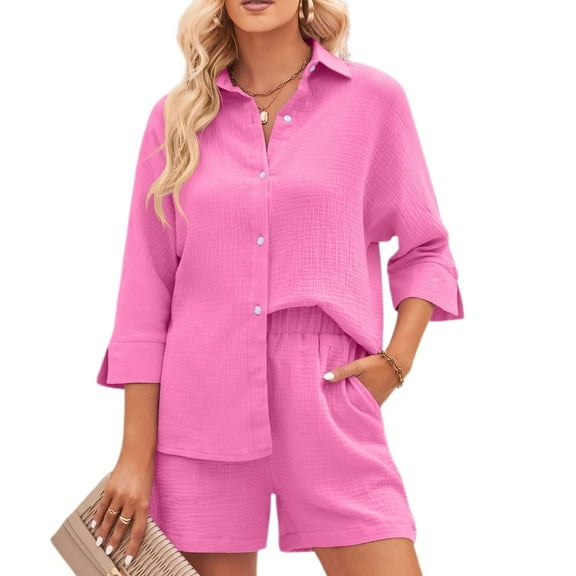SWSMCLT Women's Summer 2 Piece Short Sleeve 2 Piece Set Comfy Textured Soft Casual Thin Fall Button Up Matching Set Rose Medium